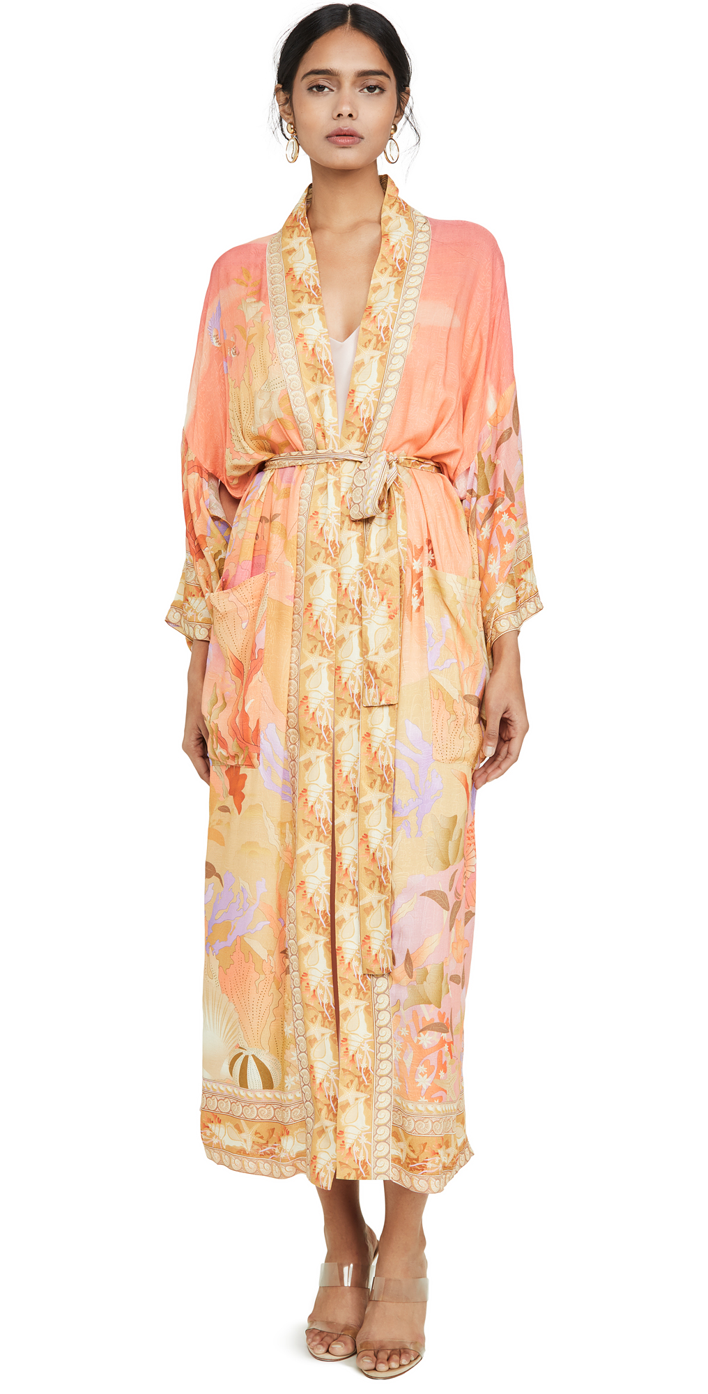 Floral Partywear Cotton Silk Kimono Orange Color Cotton Long Length Gown Robe Kimono 3