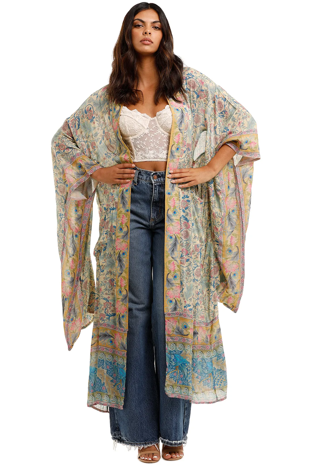 Long Kimono Floral Print Green Color Cotton Viscose Long Length Gown Kimono Duster Robe - Fashionpara