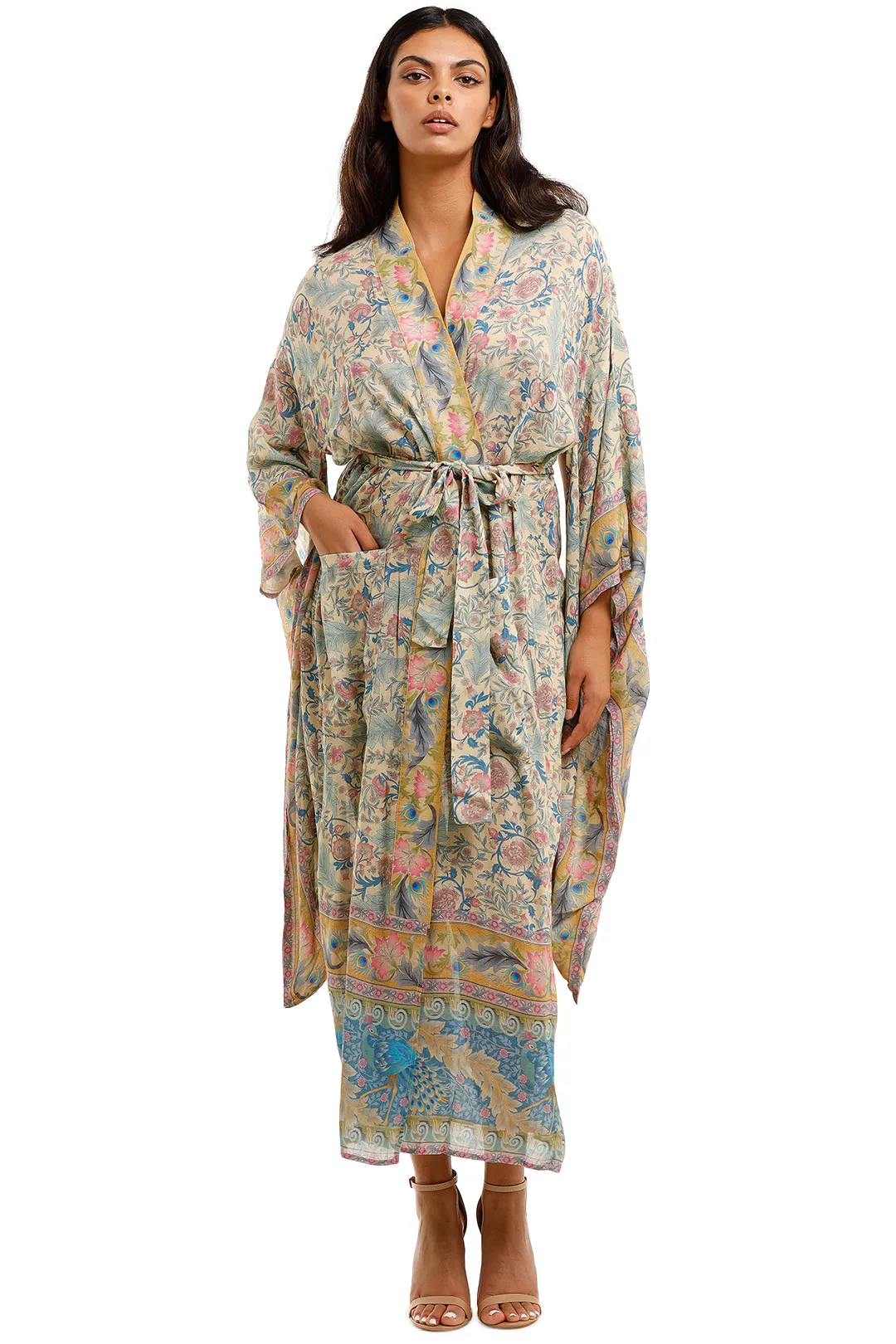 Long Kimono Floral Print Green Color Cotton Viscose Long Length Gown Kimono Duster Robe - Fashionpara