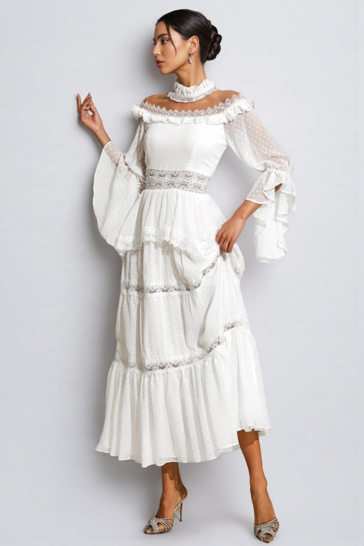 Zevon White Lace Long Sleeve Maxi Dress - View 4
