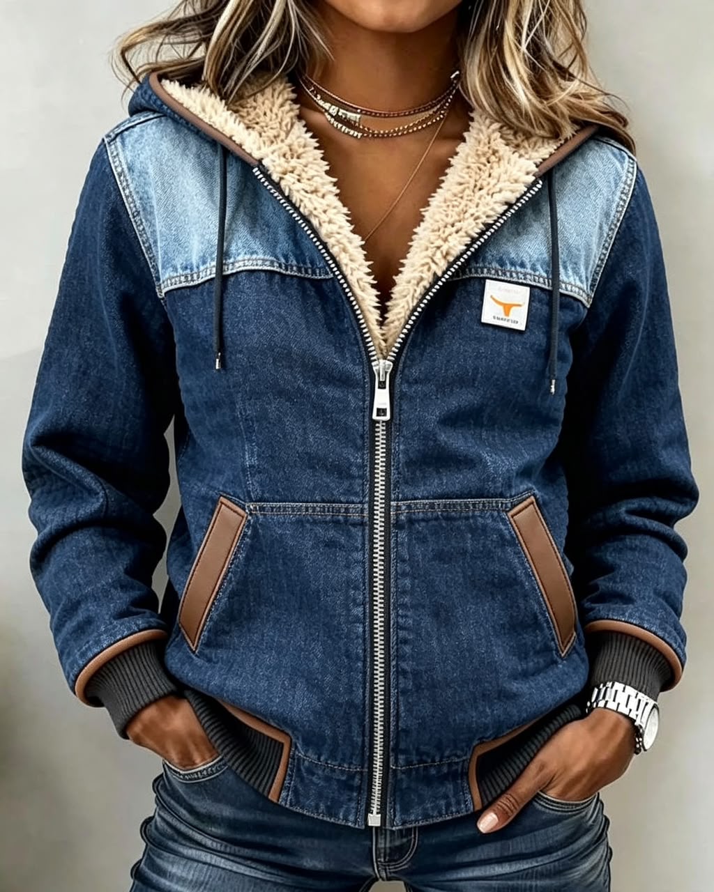 Sherpa Lined Two Tone Denim Zip Front Hooded Jacket