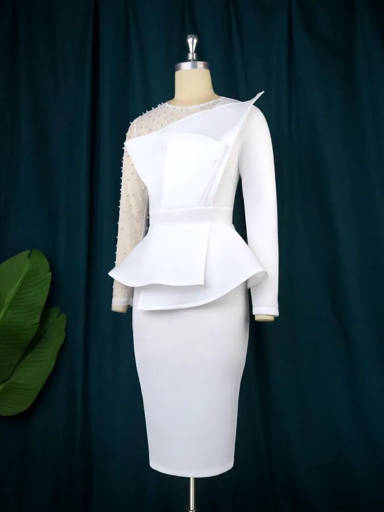 Pearl Beaded Sheer Sleeve Peplum Bodycon Midi Dress 6