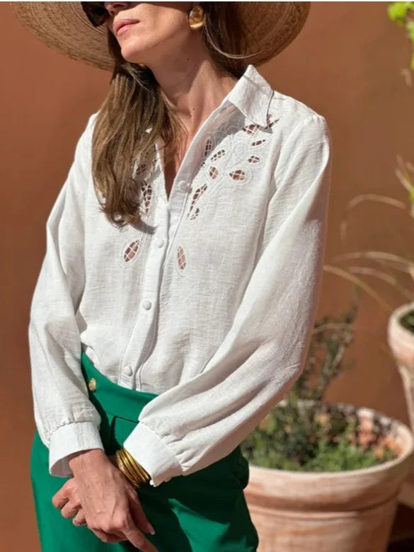 White Cotton Linen Lace Floral Embroidery Boho Blouse