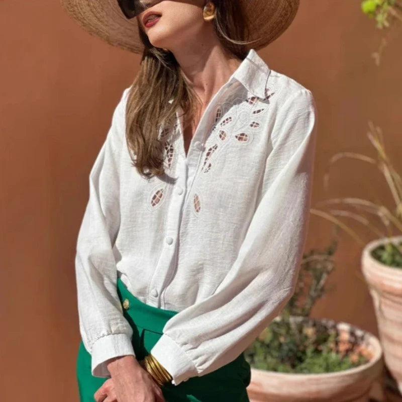 White Cotton Linen Lace Floral Embroidery Boho Blouse