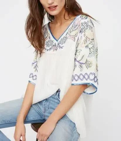 White Cotton Rayon Beaded Floral Embroidered Boho Blouse