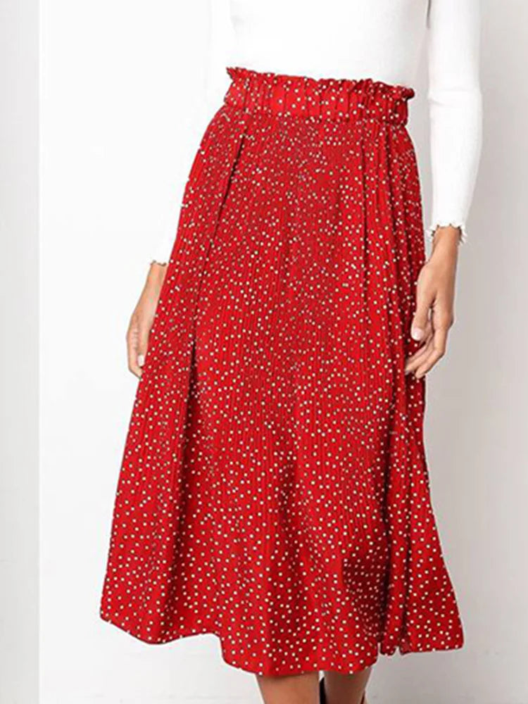 White Dots Floral Print Pleated Midi Skirt with Pockets