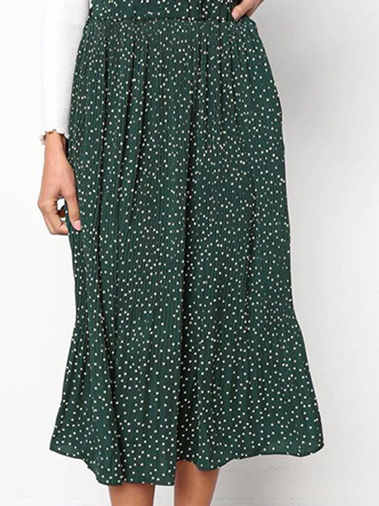 White Dots Floral Print Pleated Midi Skirt with Pockets