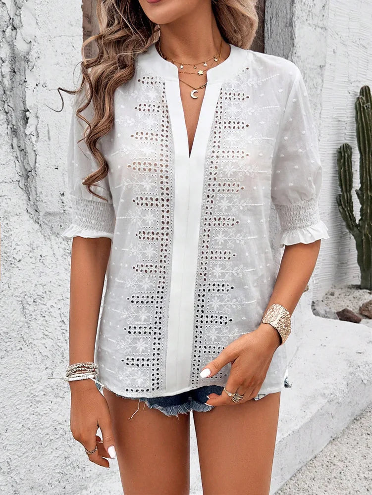White Floral Embroidery Hollow Out Cotton Boho Blouse