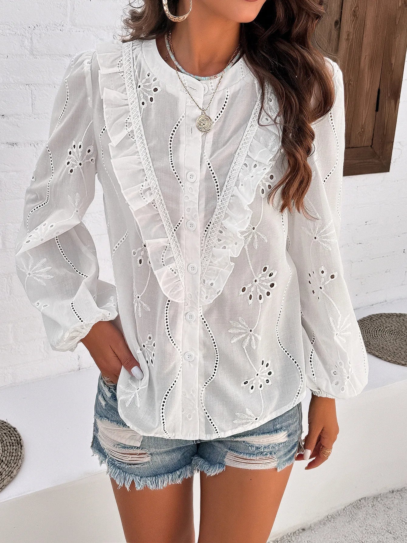 White Floral Embroidery Vintage Long Sleeve Boho Blouse