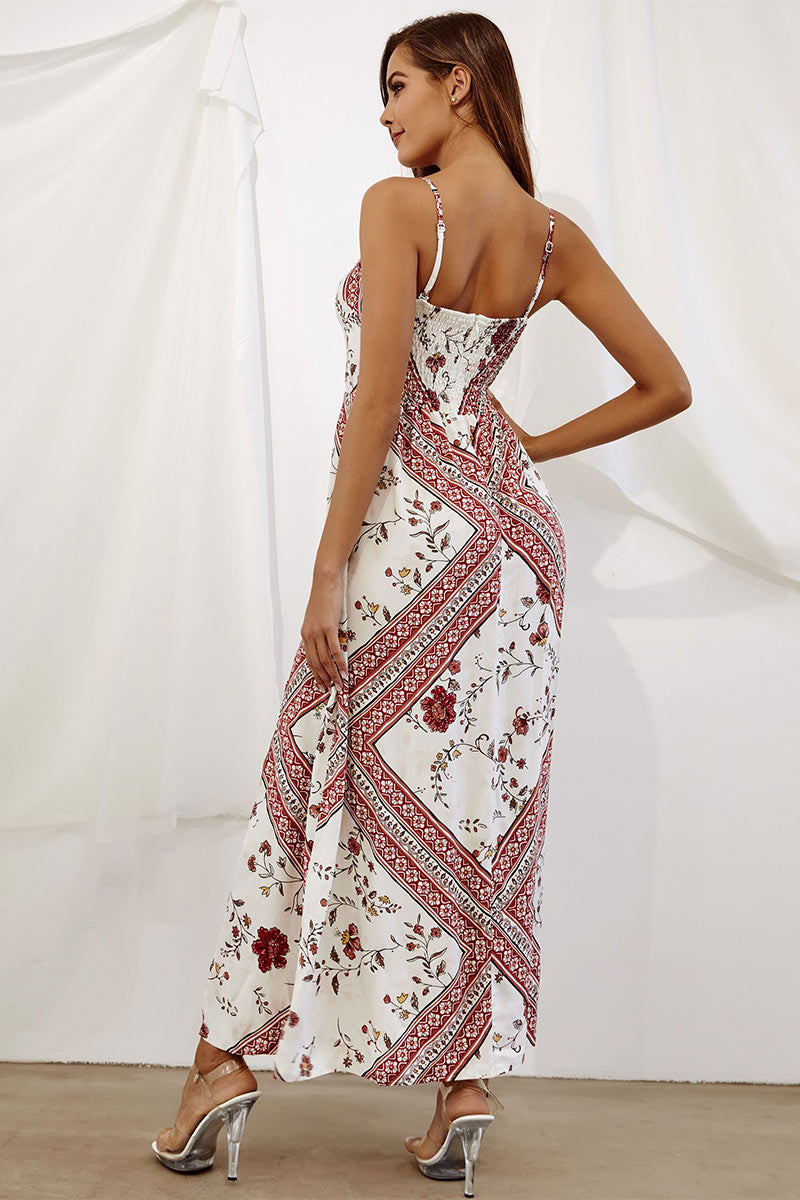 White Floral Print Thigh-high Slit Long Dress