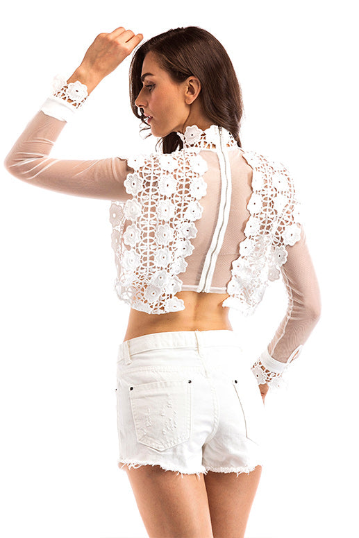 White High Neck Lace Cut Out Top With Long Sleeves