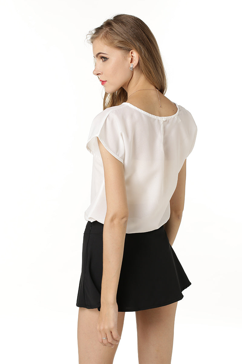 White Hollow Chiffon Blouse With Short Sleeves