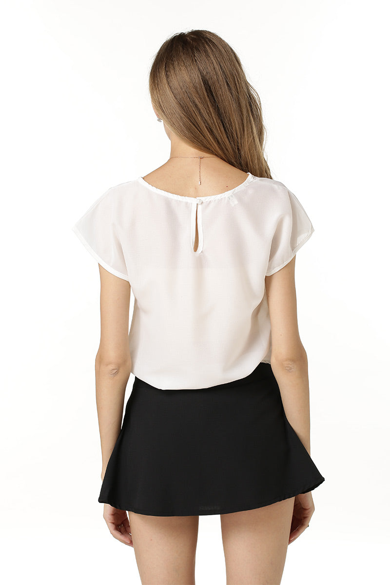 White Hollow Chiffon Blouse With Short Sleeves