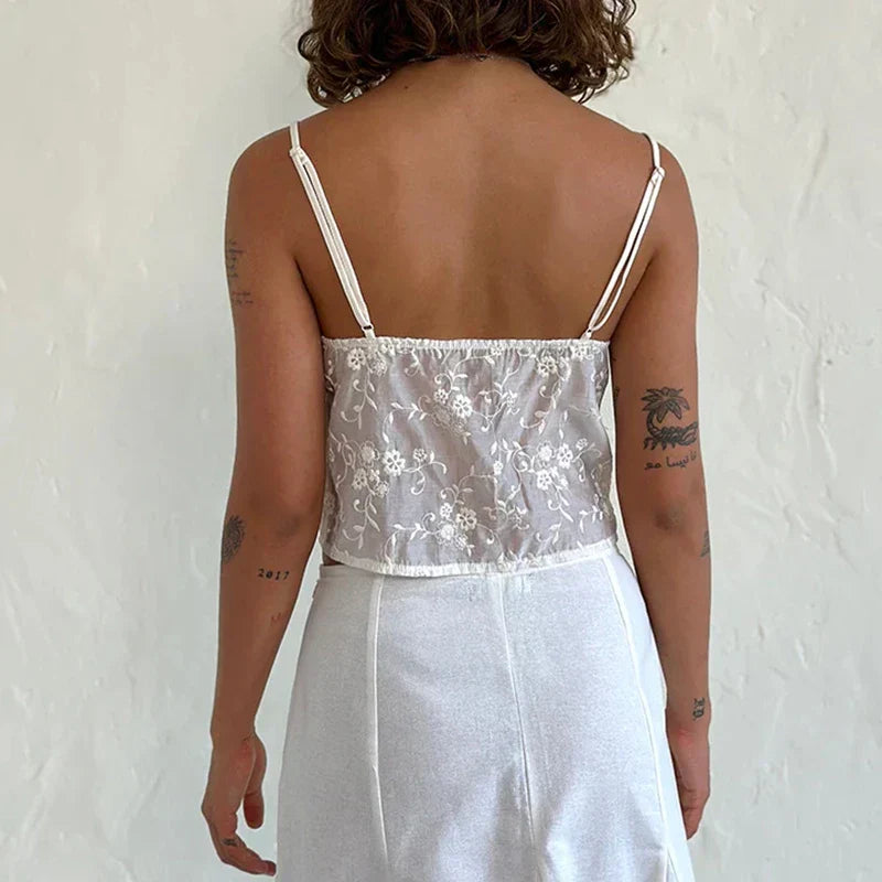 White Jacquard Floral Lace Trim V Neck Kawaii Fairycore 00s Y2K Camisole Crop Top
