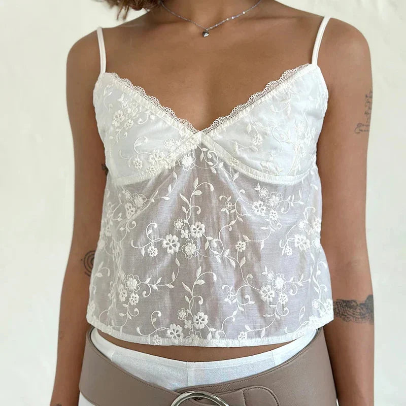 White Jacquard Floral Lace Trim V Neck Kawaii Fairycore 00s Y2K Camisole Crop Top