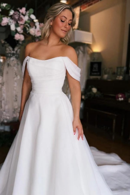 Charming A-Line White Off the shoulder High split Wedding Dress - Fashionpara