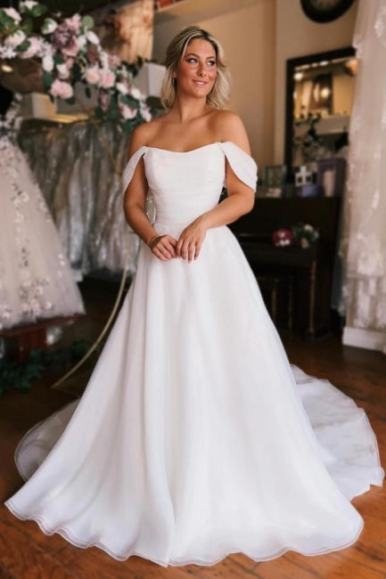 Charming A-Line White Off the shoulder High split Wedding Dress - Fashionpara