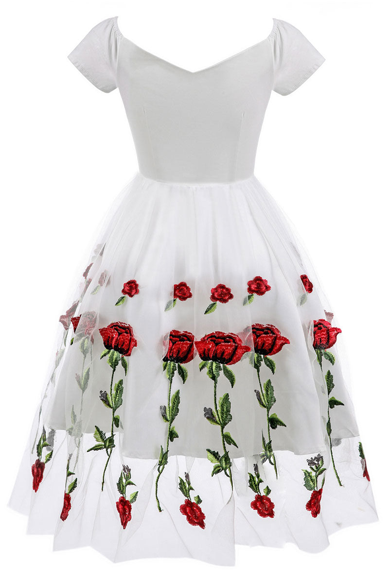 Rose Embroidered Off-Shoulder Tulle A-Line Dress