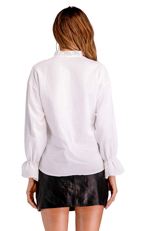 White Ruffle Trim Single Breasted Blouse - Fashionpara