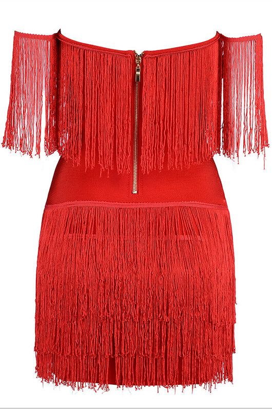 Strapless Off-the-shoulder Tassel Mini Bandage Dress