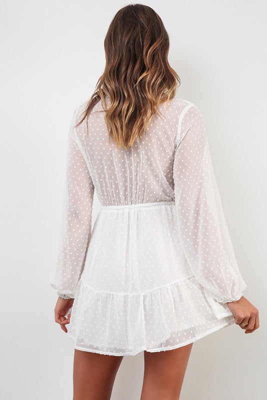 White V neck Polka Dot Lace-up Chiffon Dress