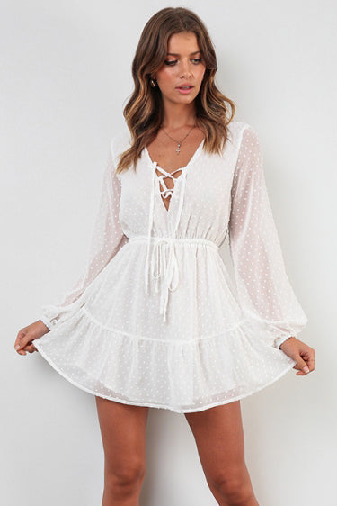 White V neck Polka Dot Lace-up Chiffon Dress