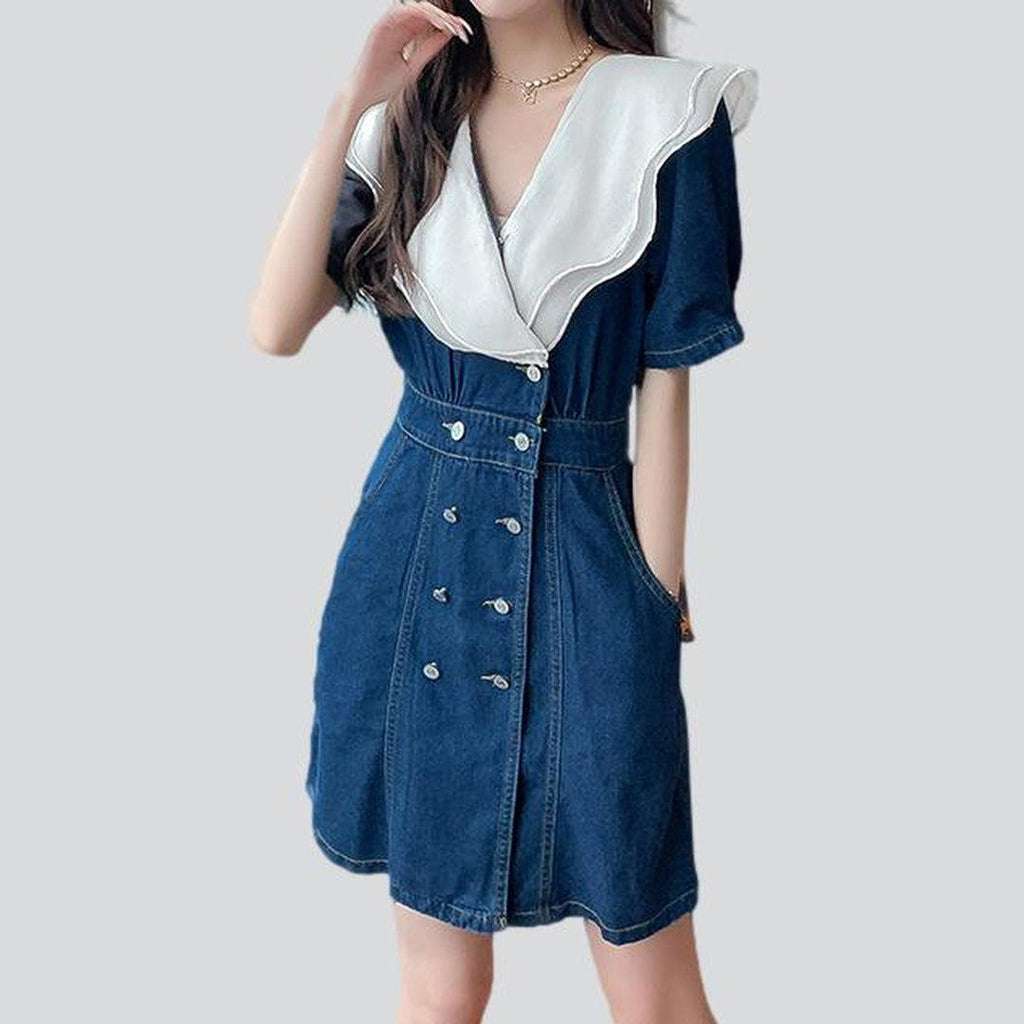 White collar short denim dress - Fashionpara