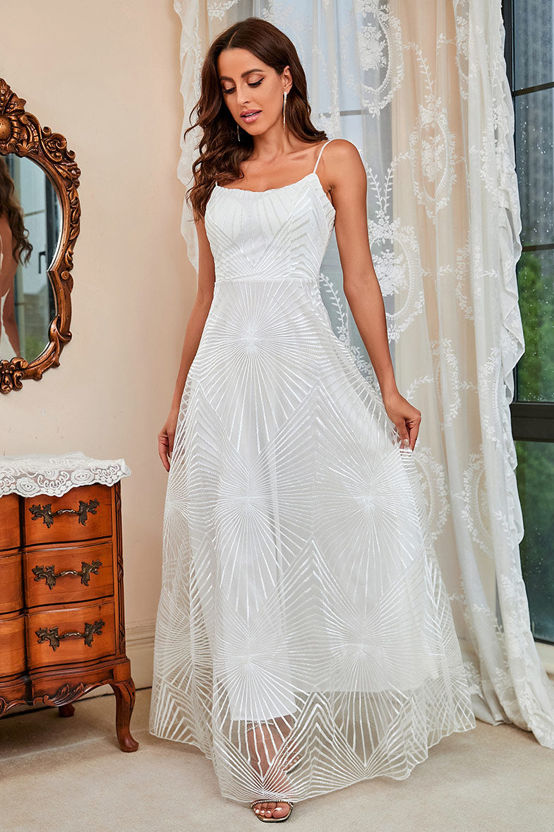 White A-Line Spaghetti Straps Prom Gown Evening Dress