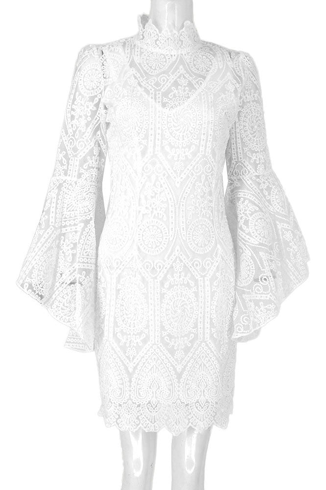 Floral Lace High Neck Bell Sleeve Bodycon Midi Dress