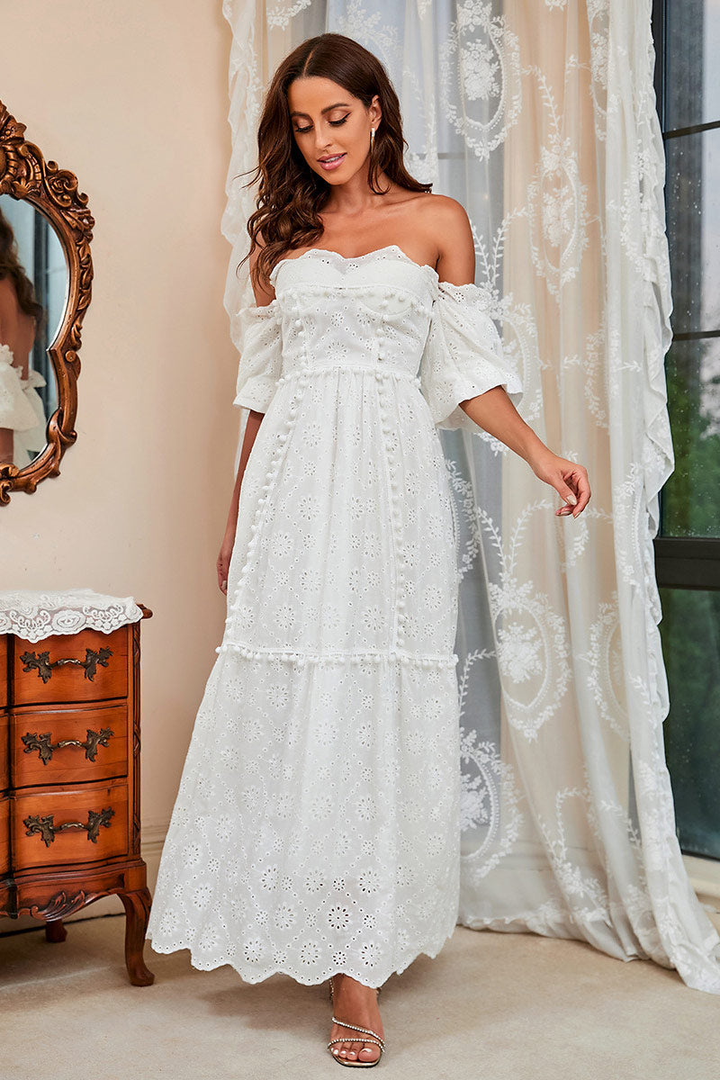 White Lace Off Shoulder A-Line Prom Dress  Fashionpara