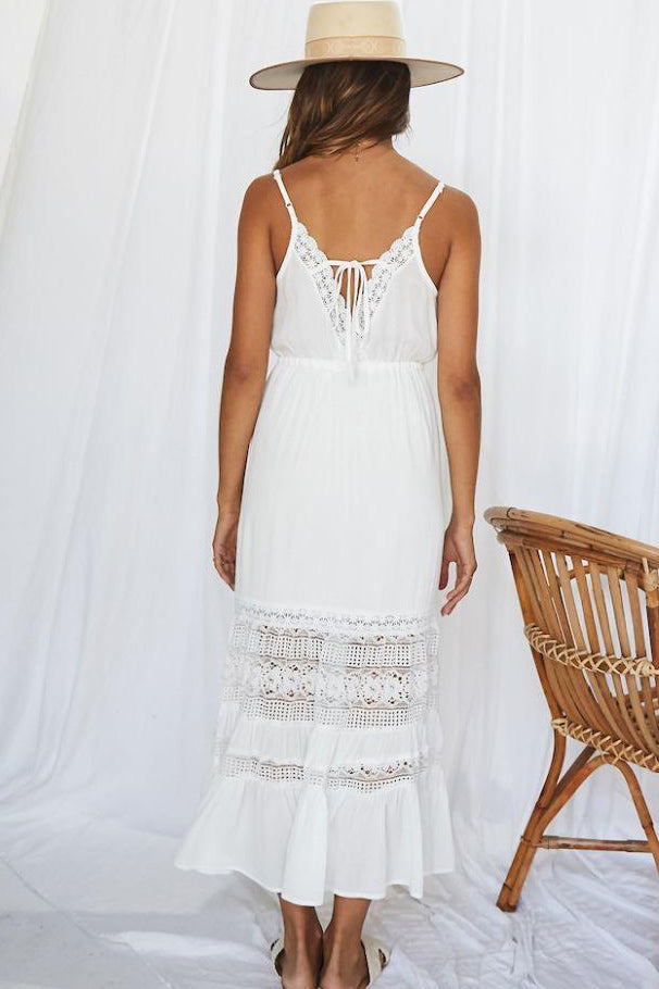 Crochet-Trim V-Neck Spaghetti Strap Tiered Maxi Dress