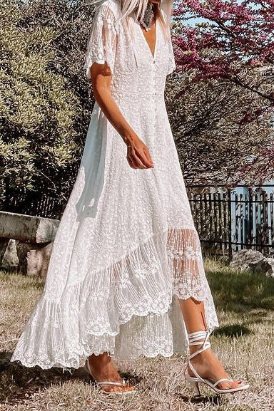 White Lace V-Neck High-Low Maxi Dress Fashionpara