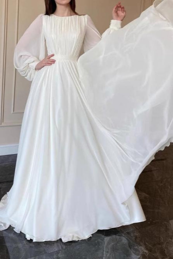White Long Sleeve A-Line Chiffon Maxi Evening Dress