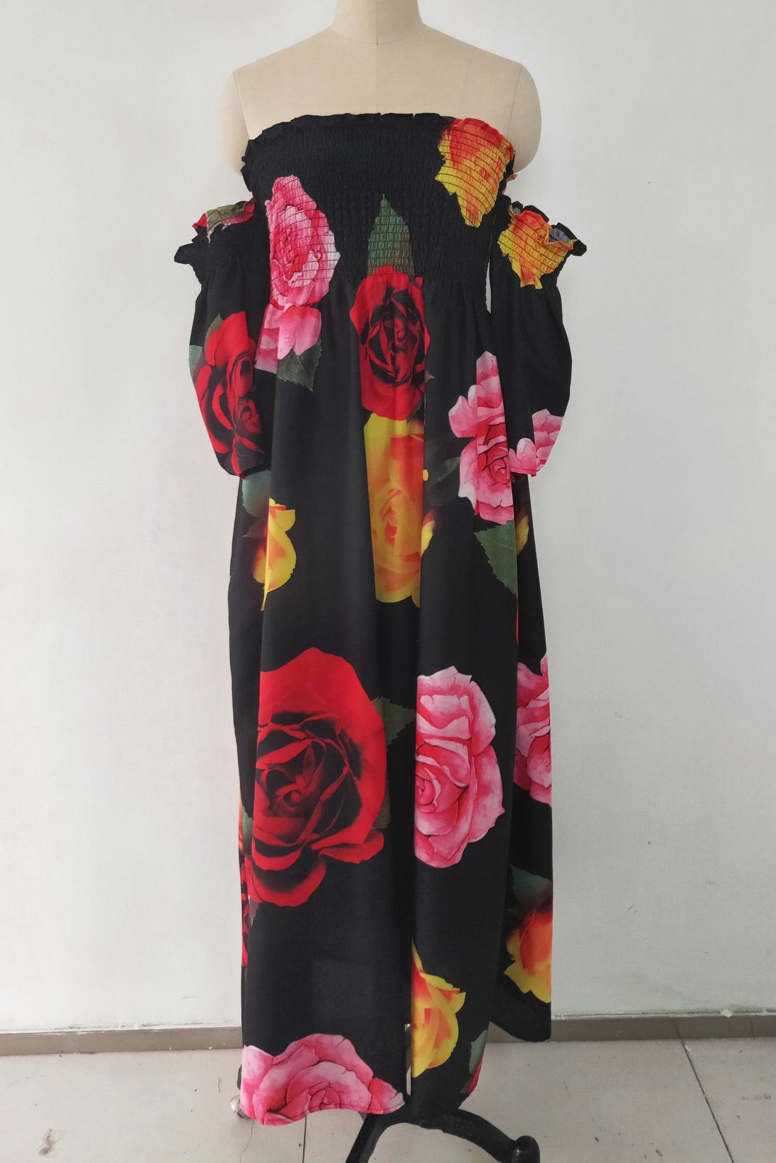 White Print A-Line Off Shoulder Maxi Dresses Fashionpara