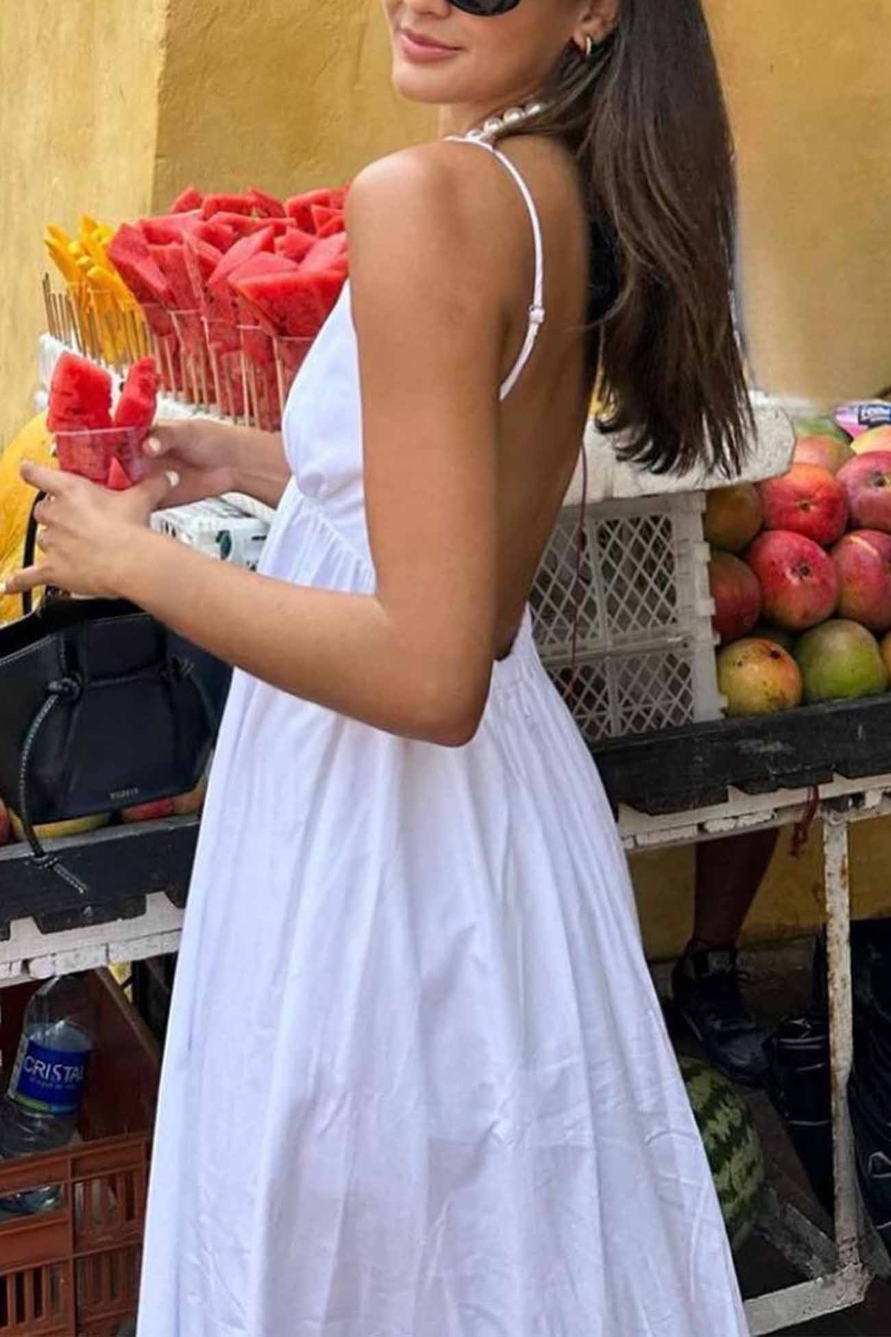 White V Neck Backless Cami Midi Dress