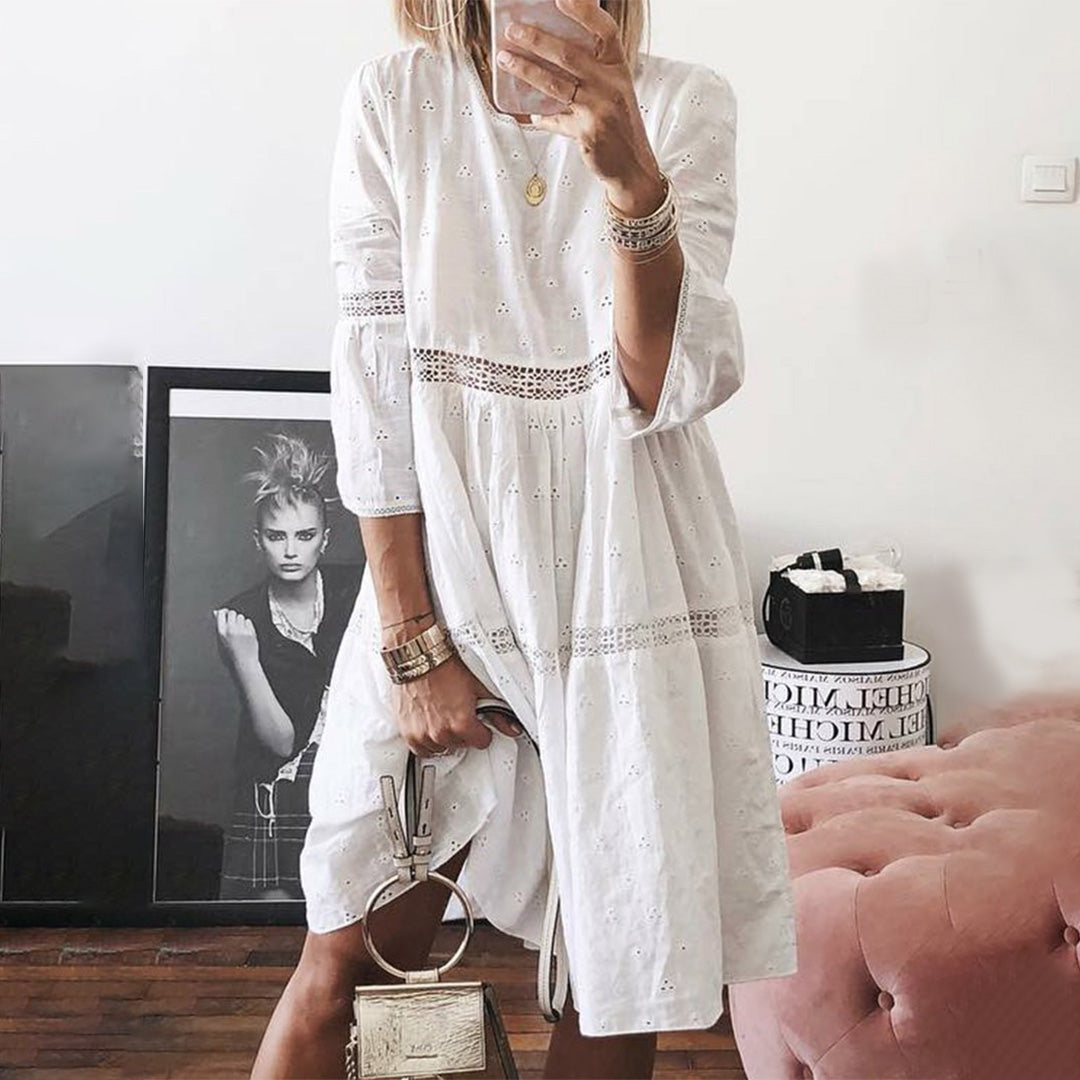 Eyelet Crochet Lace Insert Three Quarter Sleeve Smock Mini Dress