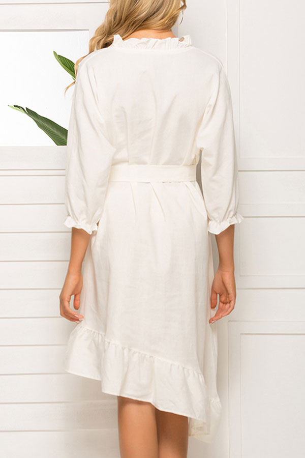 White Lace-up Casual Ruffle Dress
