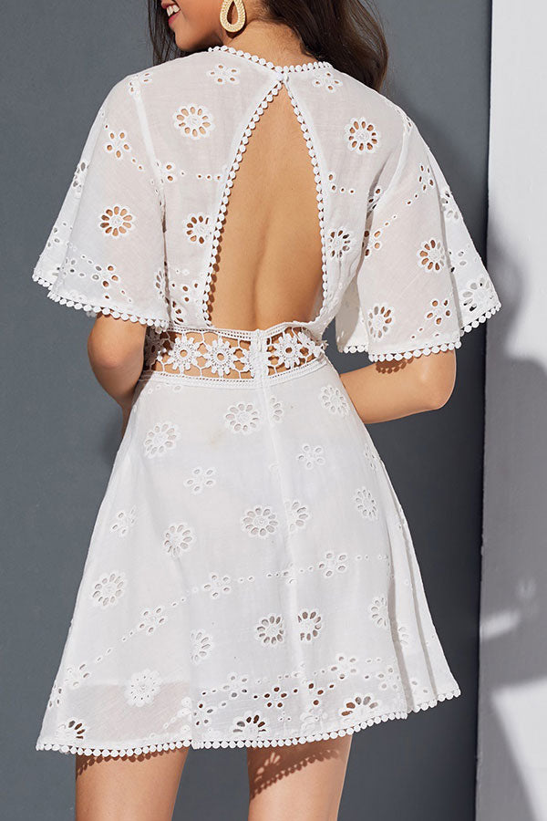 Eyelet Round Neck Flutter Sleeve Cutout Mini Dress