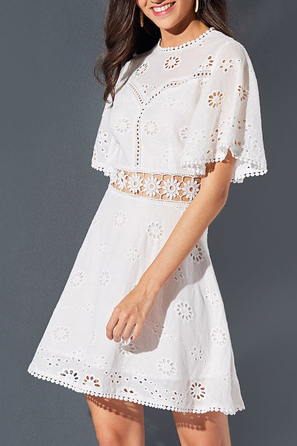 Eyelet Round Neck Flutter Sleeve Cutout Mini Dress