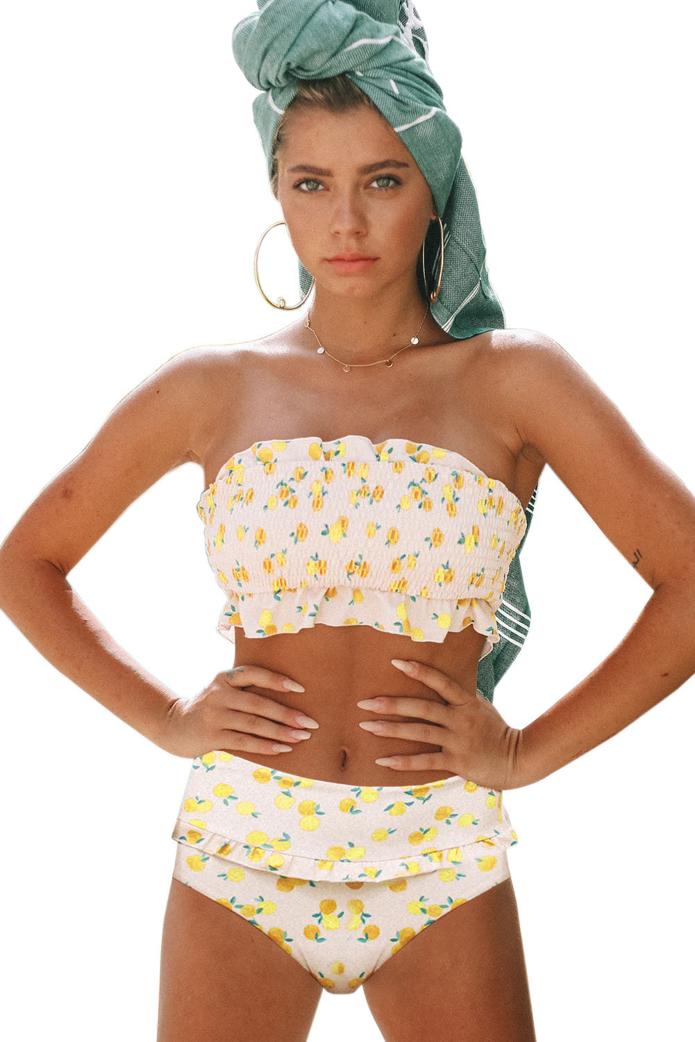 White Yellow Floral Print Bandeau Smocked High Waist Bikini Set