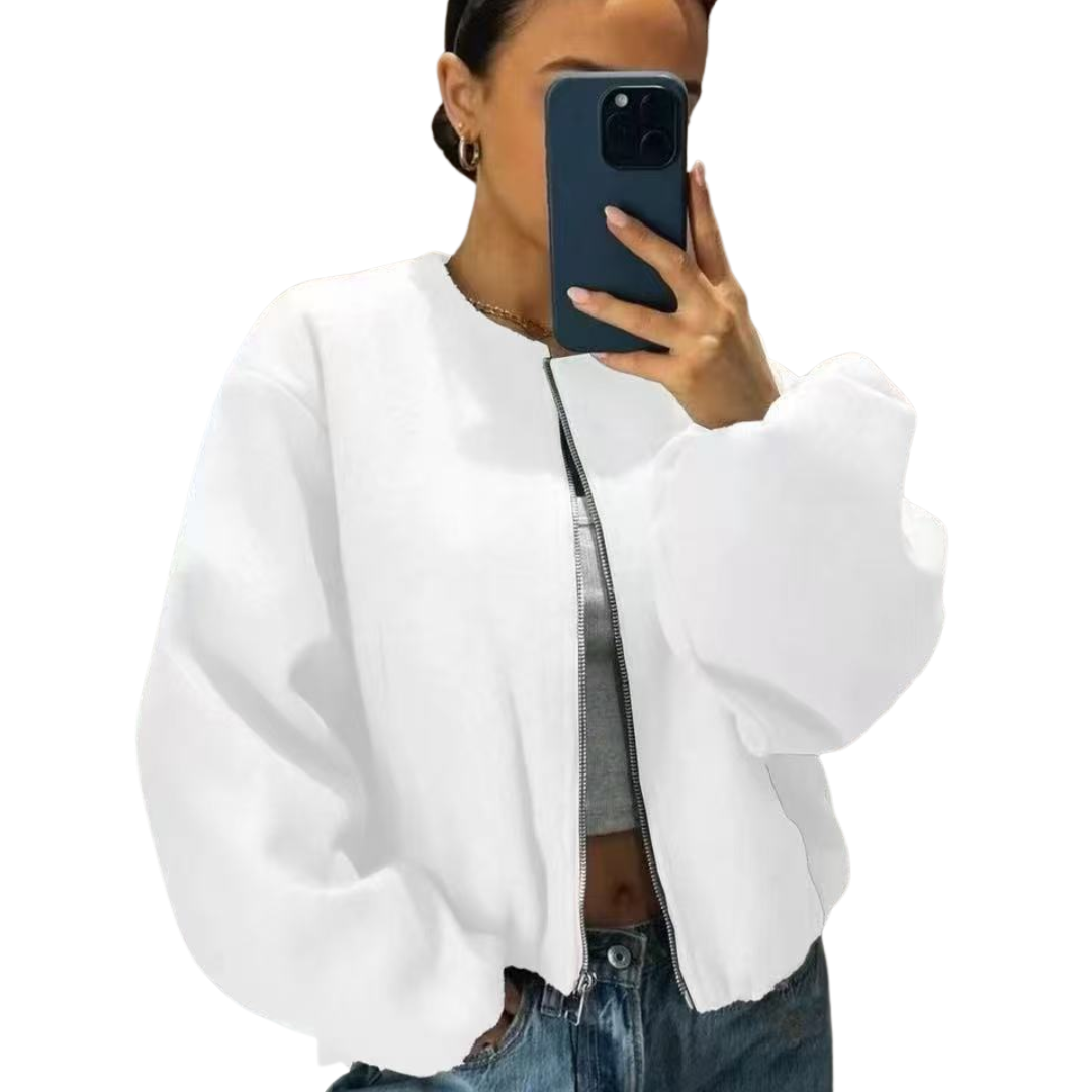 Round Neck Zip Front Drop Shoulder Cropped Bomber Jacket 5