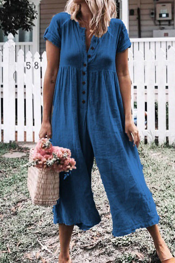 Solid Wide-leg Button Up Jumpsuit - Mislish