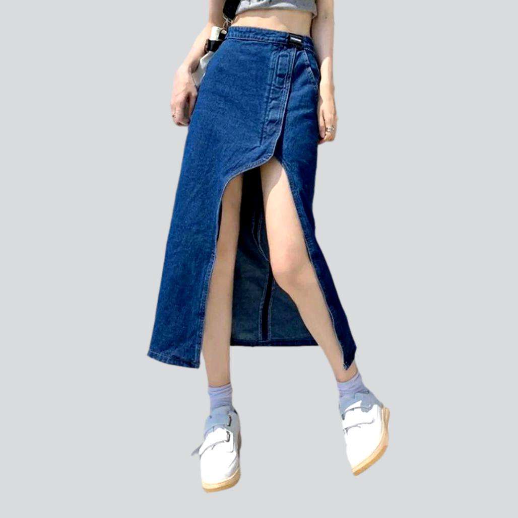 Wide slit women's denim skirt - Fashionpara