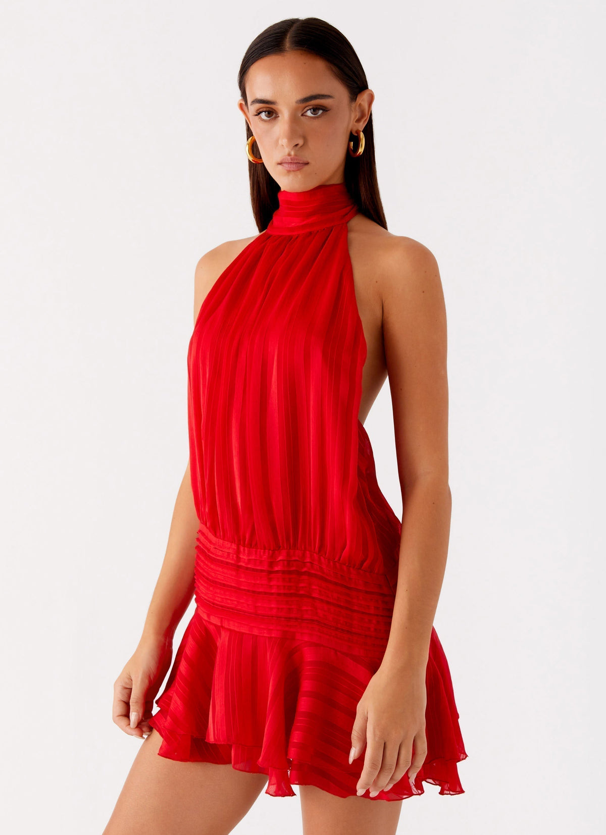 Striped High Halter Neck Sleeveless Drop Waist Ruffle Mini Dress 10