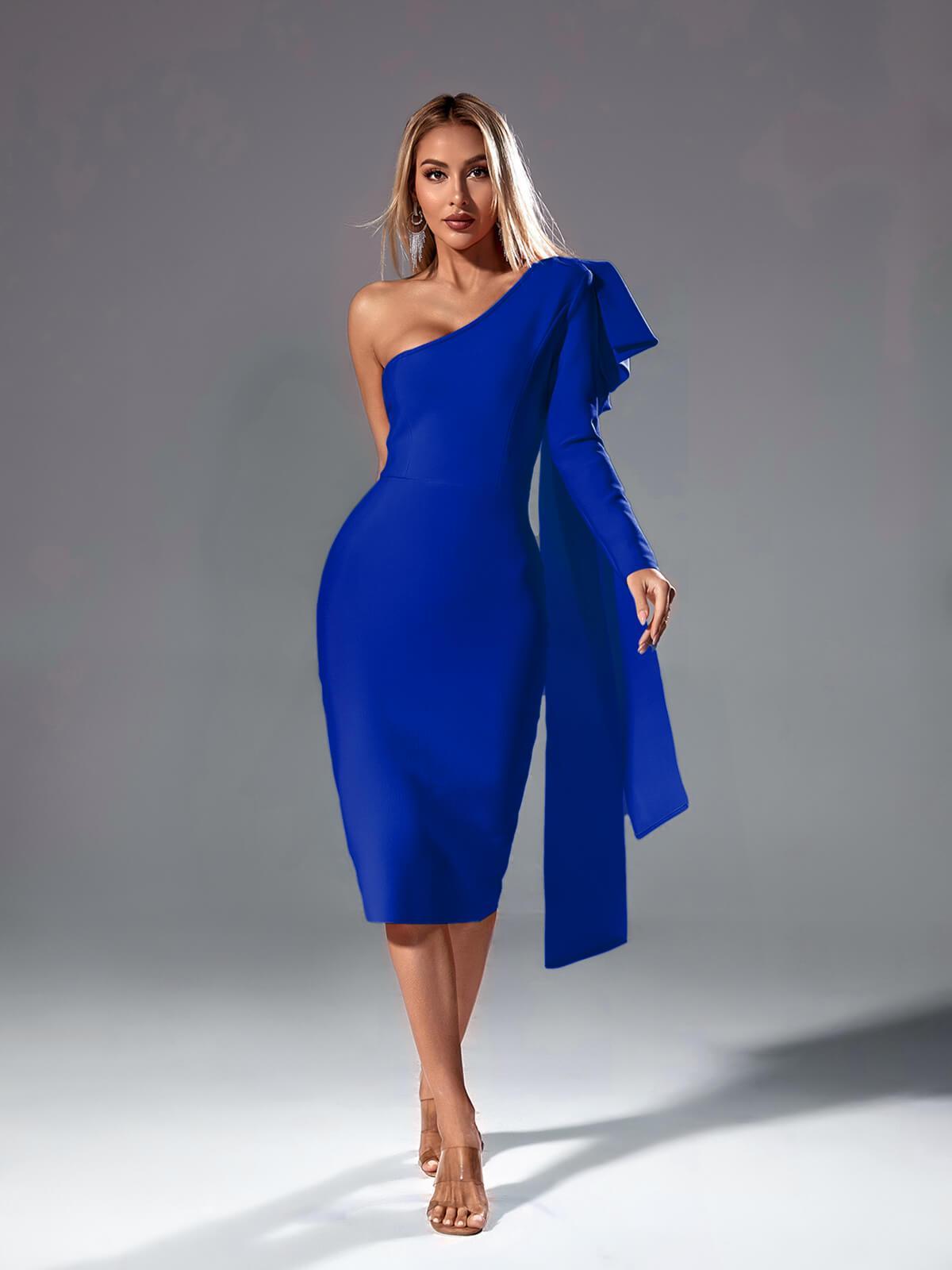 One-Shoulder Long-Sleeve Ruffle Bandage Midi Dress 2