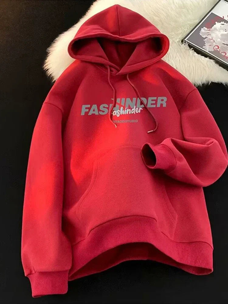 Letter Printed Winter Fleece Hoodie