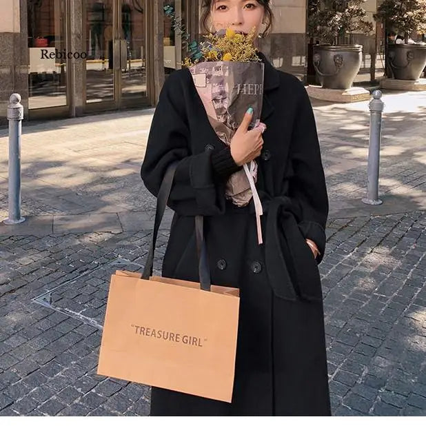 Winter Autumn Christmas Red Black Loose Wool Belted Coats - Fashionpara