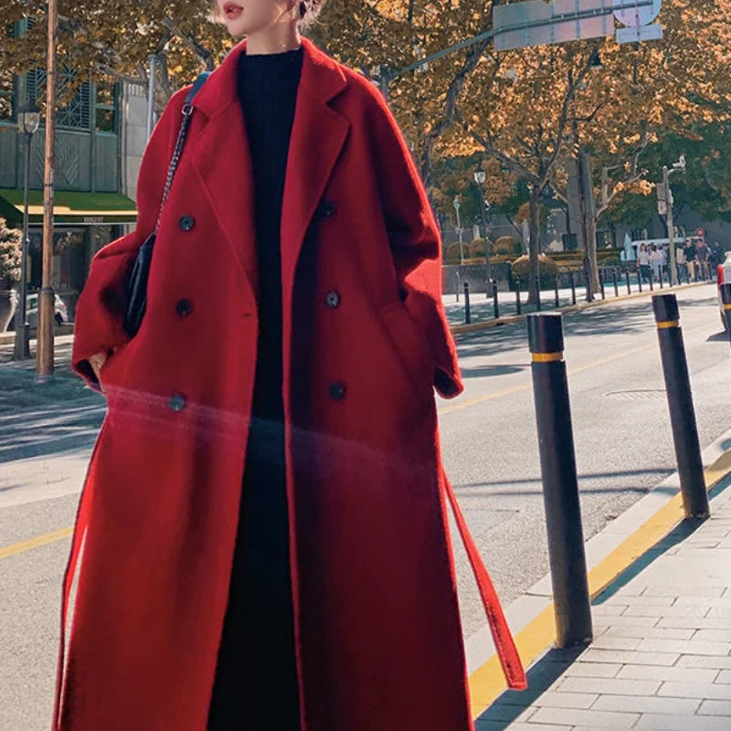 Winter Autumn Christmas Red Black Loose Wool Belted Coats - Fashionpara