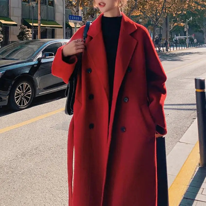 Winter Autumn Christmas Red Black Loose Wool Belted Coats - Fashionpara