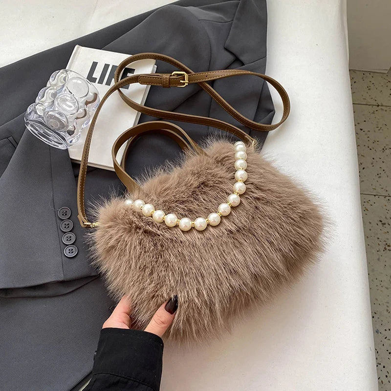 Winter Faux Fur Crossbody Pearl Chain Decor Handbag